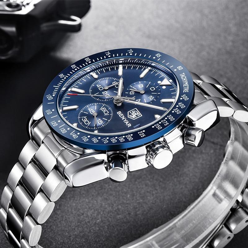 New Men Silver Blue Watch Business Analog Chronogragh Full Steel Luxury Casual Male Waterproof Sports Design Watches